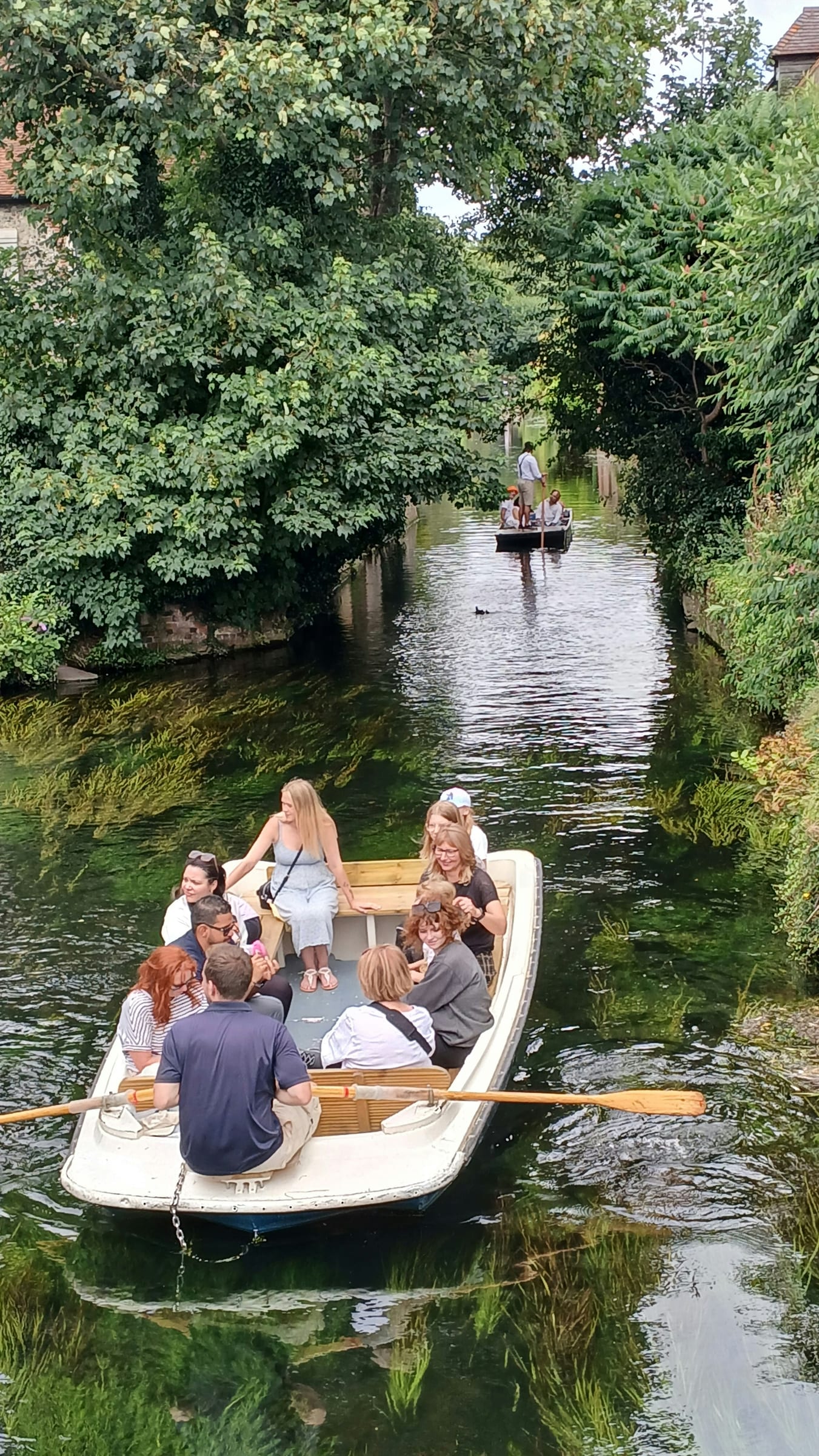 A small passenger boat crowded with people being rowed along a tree-lined river.
